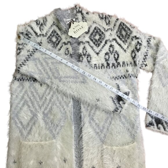 KNOX ROSE Fuzzy Aztec Cardigan Sweater S Gray White Soft Boho Nordic Cozy Knit - Picture 6 of 8